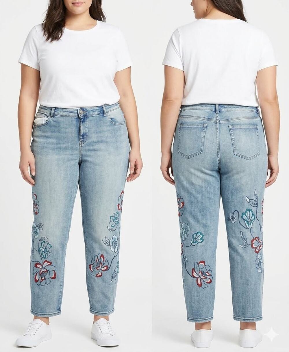 Style & Co Denim Floral Embroidered Boyfriend Women's Jeans - 20W 20x27 - Blue